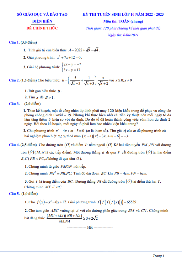 Đề tuyển sinh lớp 10 môn Toán (chung) năm 2022 – 2023 sở GD&ĐT Điện Biên