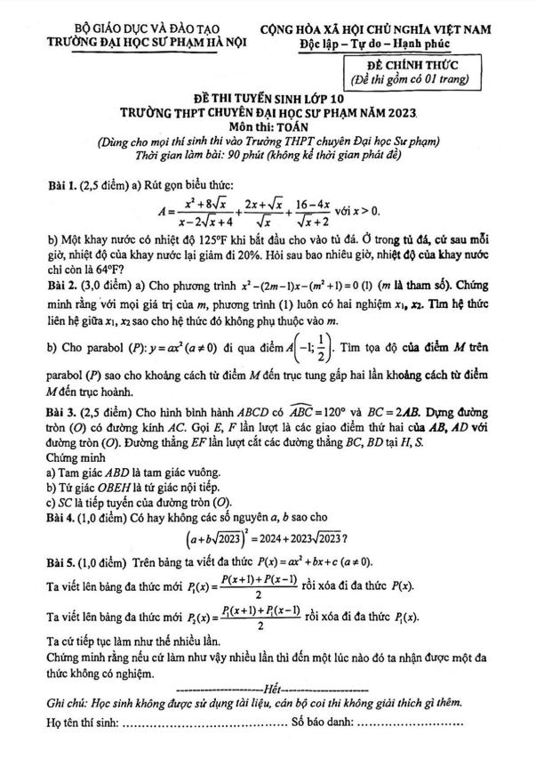 Đề tuyển sinh lớp 10 môn Toán (chung) năm 2023 trường THPT chuyên ĐHSP Hà Nội