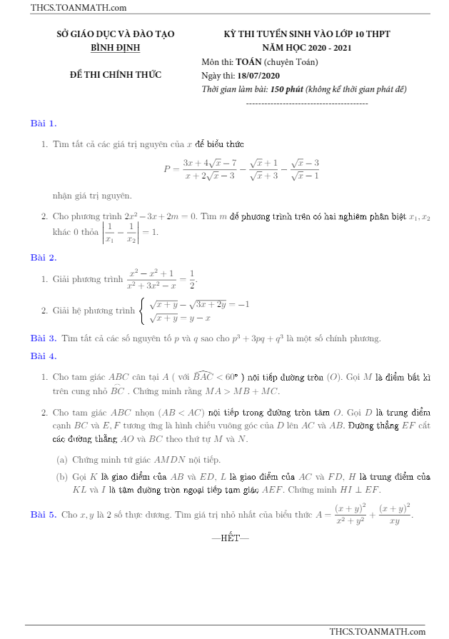 Đề tuyển sinh lớp 10 môn Toán (chuyên) năm 2020 – 2021 sở GD&ĐT Bình Định