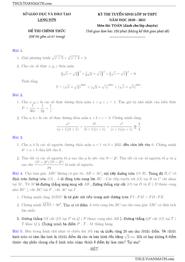 Đề tuyển sinh lớp 10 môn Toán (chuyên) năm 2020 – 2021 sở GD&ĐT Lạng Sơn
