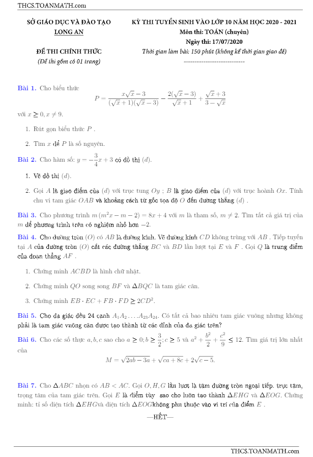 Đề tuyển sinh lớp 10 môn Toán (chuyên) năm 2020 – 2021 sở GD&ĐT Long An