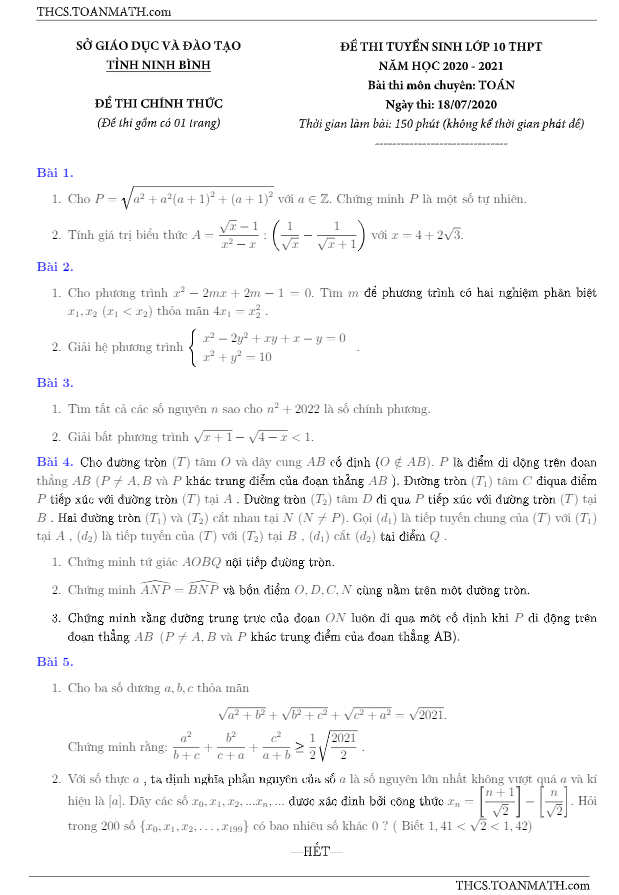 Đề tuyển sinh lớp 10 môn Toán (chuyên) năm 2020 – 2021 sở GD&ĐT Ninh Bình