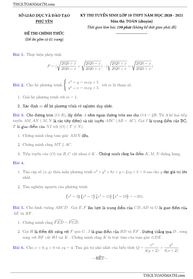 Đề tuyển sinh lớp 10 môn Toán (chuyên) năm 2020 – 2021 sở GD&ĐT Phú Yên