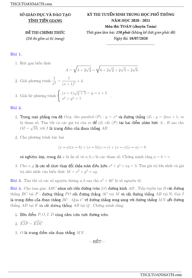 Đề tuyển sinh lớp 10 môn Toán (chuyên) năm 2020 – 2021 sở GD&ĐT Tiền Giang
