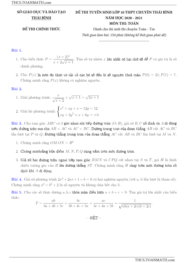 Đề tuyển sinh lớp 10 môn Toán (chuyên) năm 2020 – 2021 trường THPT chuyên Thái Bình