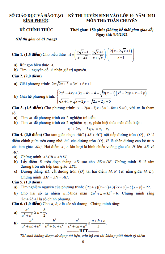 Đề tuyển sinh lớp 10 môn Toán (chuyên) năm 2021 – 2022 sở GD&ĐT Bình Phước