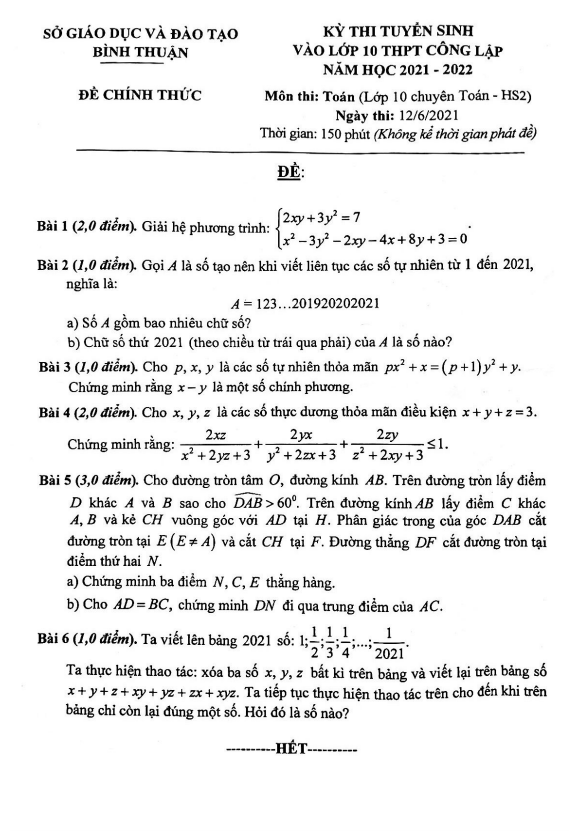 Đề tuyển sinh lớp 10 môn Toán (chuyên) năm 2021 – 2022 sở GD&ĐT Bình Thuận