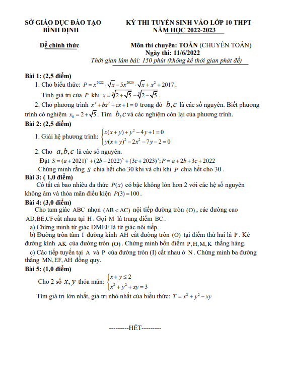 Đề tuyển sinh lớp 10 môn Toán (chuyên) năm 2022 – 2023 sở GD&ĐT Bình Định