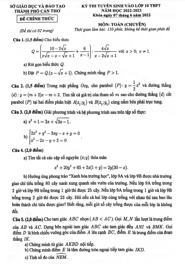 Đề tuyển sinh lớp 10 môn Toán (chuyên) năm 2022 – 2023 sở GD&ĐT Cần Thơ