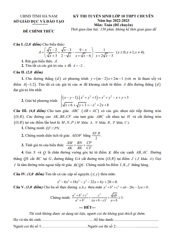 Đề tuyển sinh lớp 10 môn Toán (chuyên) năm 2022 – 2023 sở GD&ĐT Hà Nam