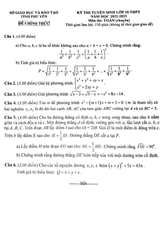 Đề tuyển sinh lớp 10 môn Toán (chuyên) năm 2022 – 2023 sở GD&ĐT Phú Yên