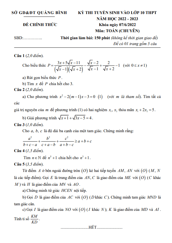 Đề tuyển sinh lớp 10 môn Toán (chuyên) năm 2022 – 2023 sở GD&ĐT Quảng Bình