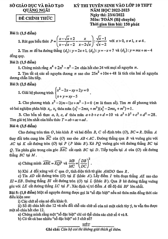Đề tuyển sinh lớp 10 môn Toán (chuyên) năm 2022 – 2023 sở GD&ĐT Quảng Ngãi