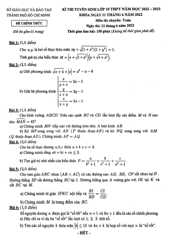 Đề tuyển sinh lớp 10 môn Toán (chuyên) năm 2022 – 2023 sở GD&ĐT TP Hồ Chí Minh