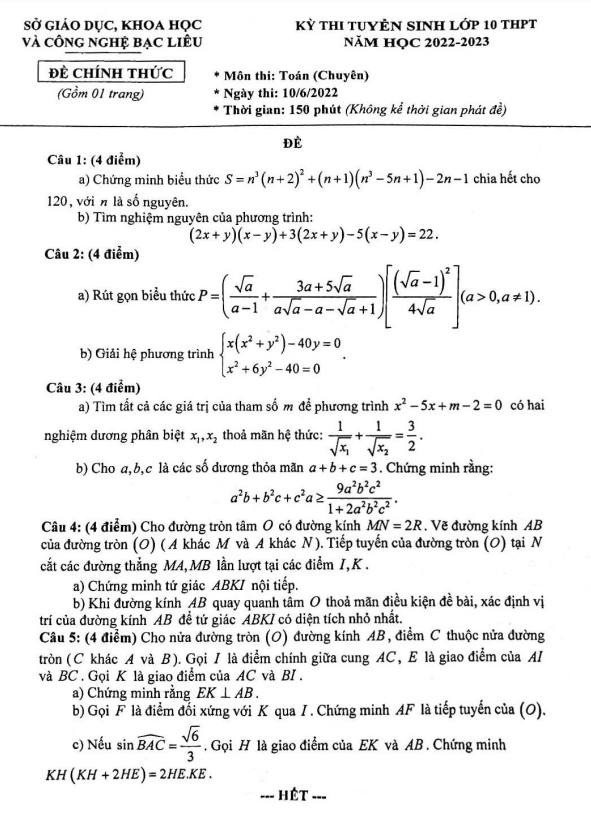 Đề tuyển sinh lớp 10 môn Toán (chuyên) năm 2022 – 2023 sở GDKHCN Bạc Liêu