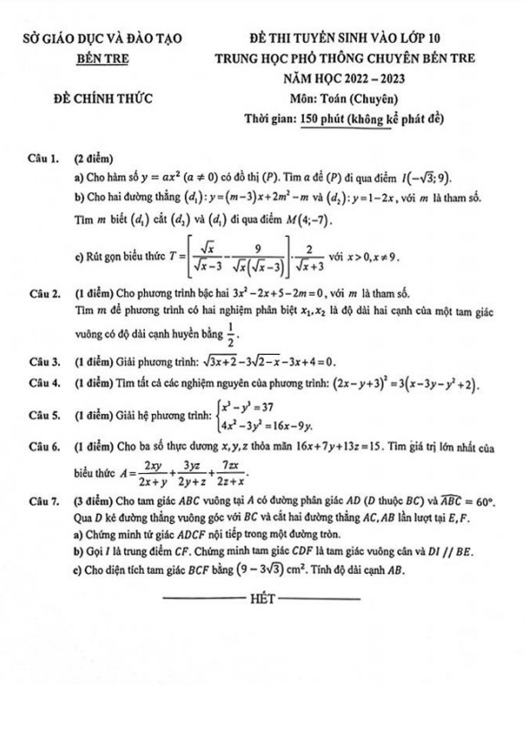 Đề tuyển sinh lớp 10 môn Toán (chuyên) năm 2022 – 2023 trường chuyên Bến Tre