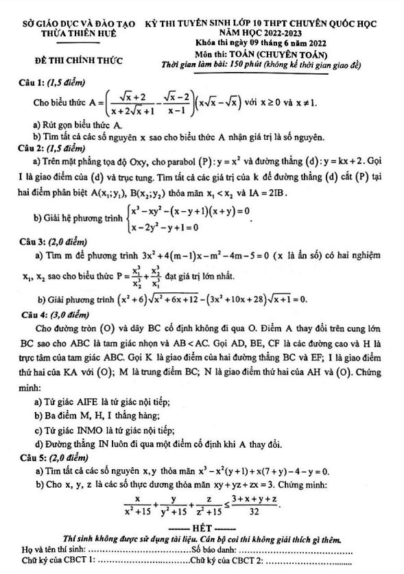 Đề tuyển sinh lớp 10 môn Toán (chuyên) năm 2022 – 2023 trường chuyên Quốc học Huế