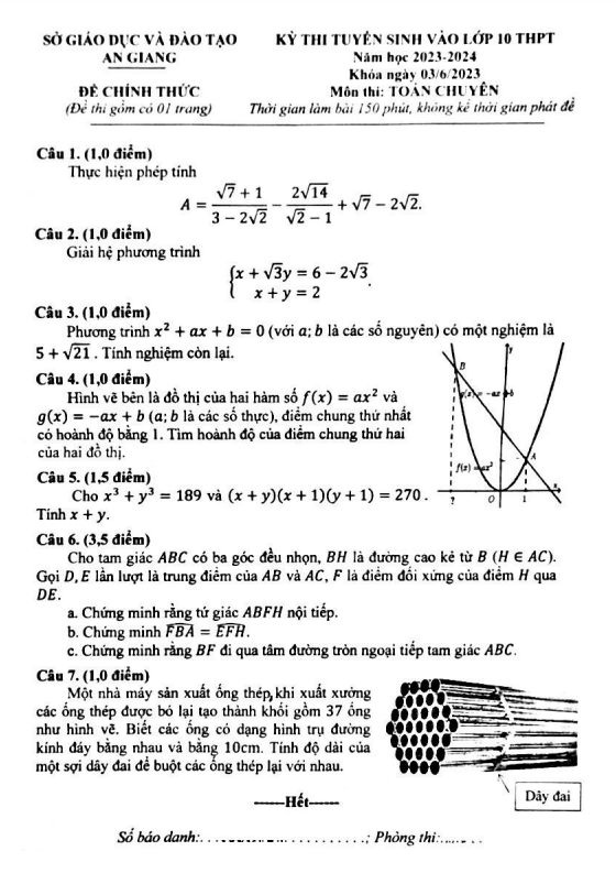 Đề tuyển sinh lớp 10 môn Toán (chuyên) năm 2023 – 2024 sở GD&ĐT An Giang