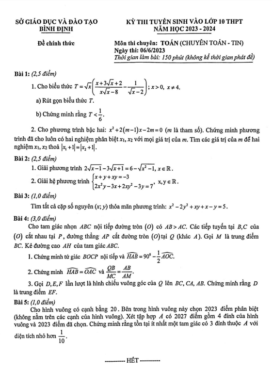 Đề tuyển sinh lớp 10 môn Toán (chuyên) năm 2023 – 2024 sở GD&ĐT Bình Định