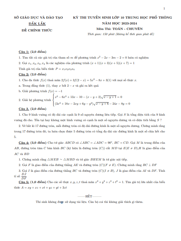 Đề tuyển sinh lớp 10 môn Toán (chuyên) năm 2023 – 2024 sở GD&ĐT Đắk Lắk