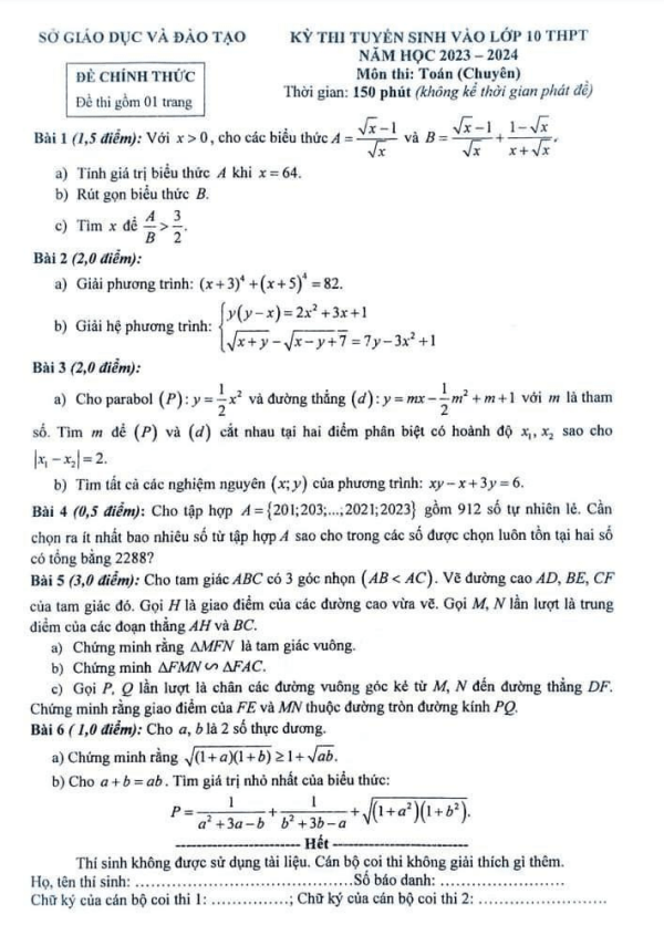 Đề tuyển sinh lớp 10 môn Toán (chuyên) năm 2023 – 2024 sở GD&ĐT Đắk Nông