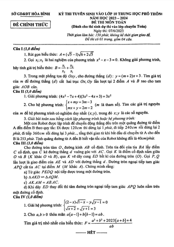Đề tuyển sinh lớp 10 môn Toán (chuyên) năm 2023 – 2024 sở GD&ĐT Hòa Bình