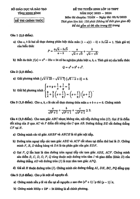 Đề tuyển sinh lớp 10 môn Toán (chuyên) năm 2023 – 2024 sở GD&ĐT Ninh Bình