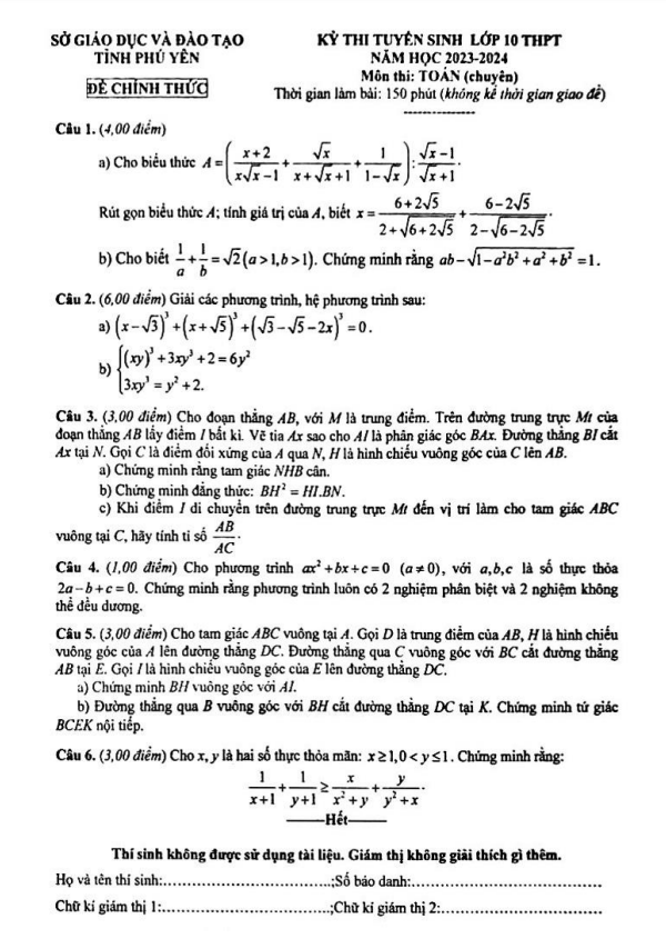 Đề tuyển sinh lớp 10 môn Toán (chuyên) năm 2023 – 2024 sở GD&ĐT Phú Yên
