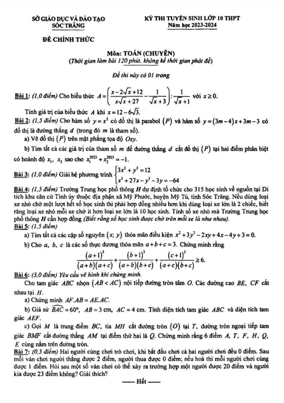 Đề tuyển sinh lớp 10 môn Toán (chuyên) năm 2023 – 2024 sở GD&ĐT Sóc Trăng