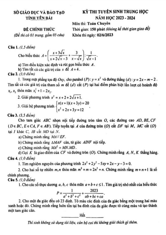 Đề tuyển sinh lớp 10 môn Toán (chuyên) năm 2023 – 2024 sở GD&ĐT Yên Bái