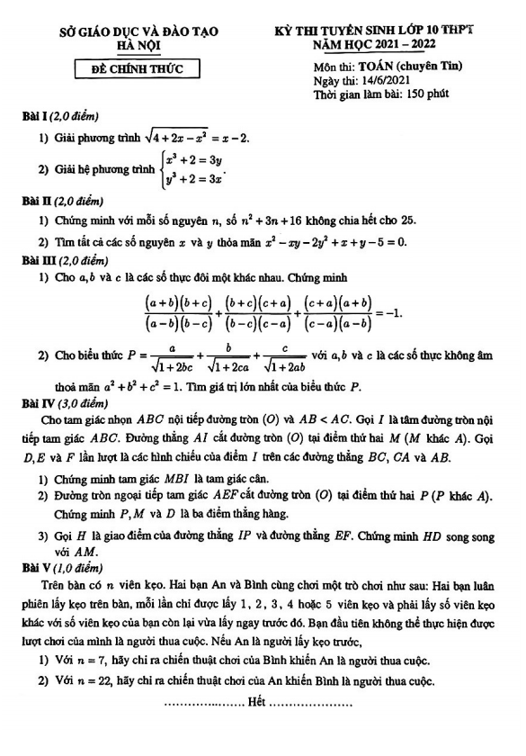 Đề tuyển sinh lớp 10 môn Toán (chuyên Tin) năm 2021 – 2022 sở GD&ĐT Hà Nội