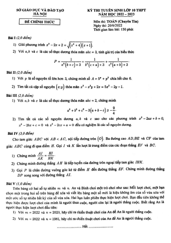 Đề tuyển sinh lớp 10 môn Toán (chuyên Tin) năm 2022 – 2023 sở GD&ĐT Hà Nội
