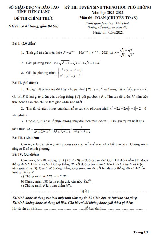 Đề tuyển sinh lớp 10 môn Toán (chuyên Toán) năm 2021 – 2022 sở GD&ĐT Tiền Giang