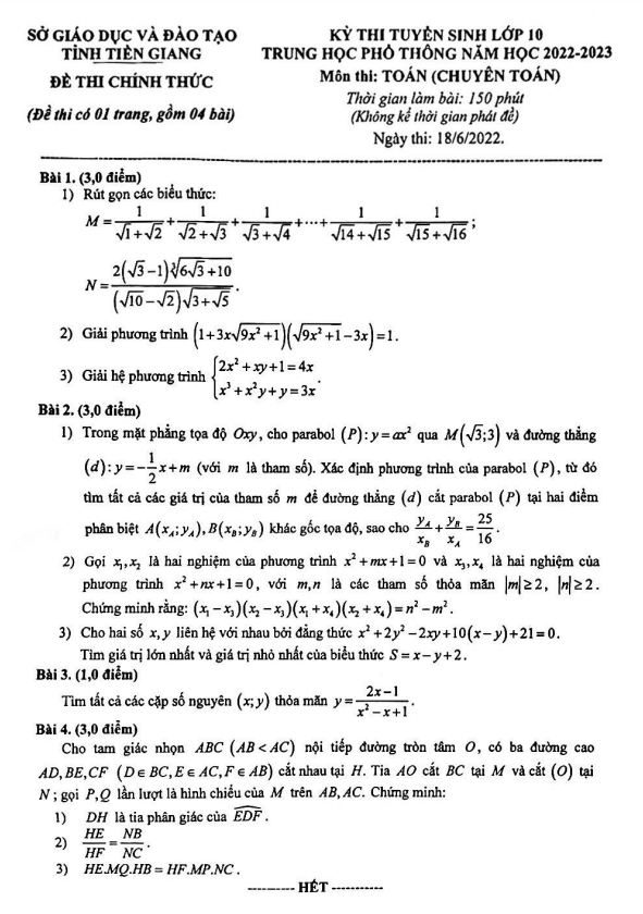 Đề tuyển sinh lớp 10 môn Toán (chuyên Toán) năm 2022 – 2023 sở GD&ĐT Tiền Giang