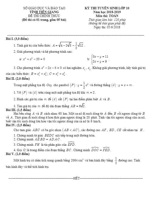Đề tuyển sinh lớp 10 môn Toán năm 2018 – 2019 sở GD và ĐT Tiền Giang