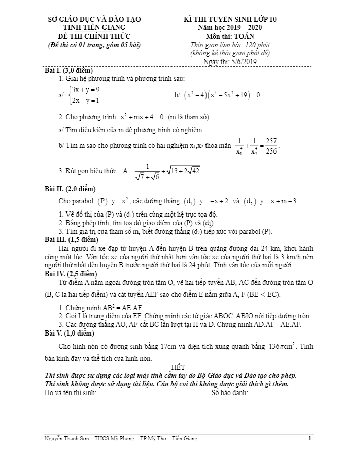Đề tuyển sinh lớp 10 môn Toán năm 2019 – 2020 sở GD&ĐT Tiền Giang
