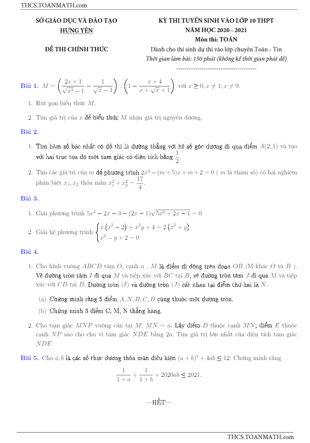 Đề tuyển sinh lớp 10 môn Toán năm 2020 – 2021 sở GD&ĐT Hưng Yên (chuyên)
