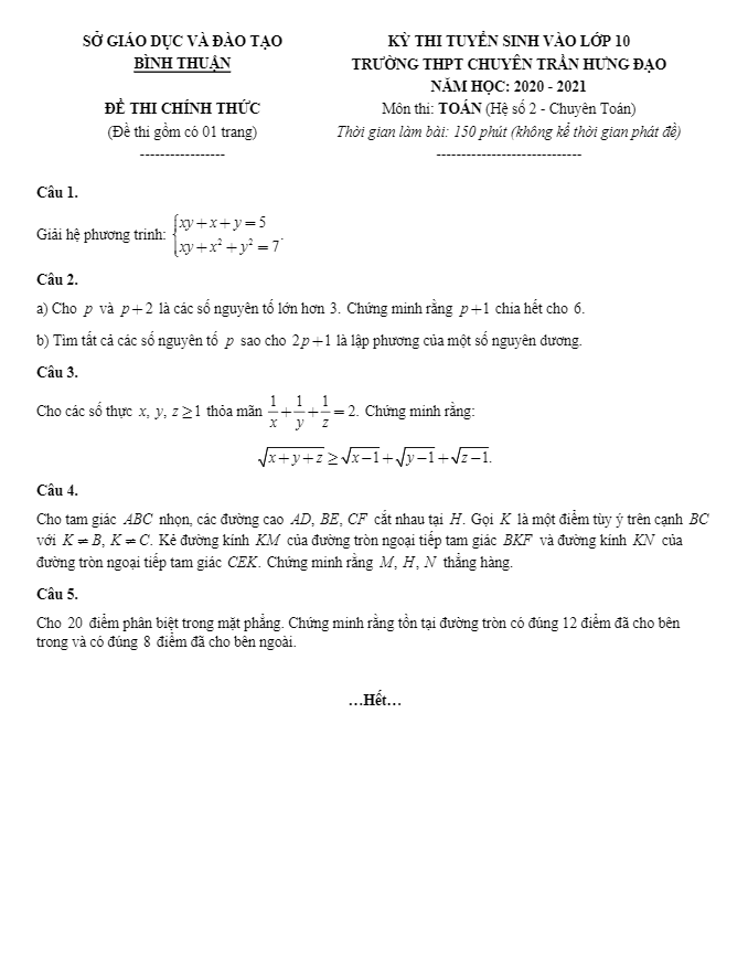 Đề tuyển sinh lớp 10 môn Toán năm 2020 – 2021 trường chuyên Trần Hưng Đạo – Bình Thuận