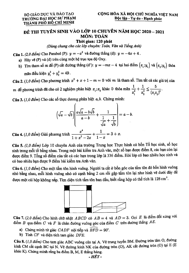 Đề tuyển sinh lớp 10 môn Toán năm 2020 – 2021 trường ĐHSP – TP HCM (chung)