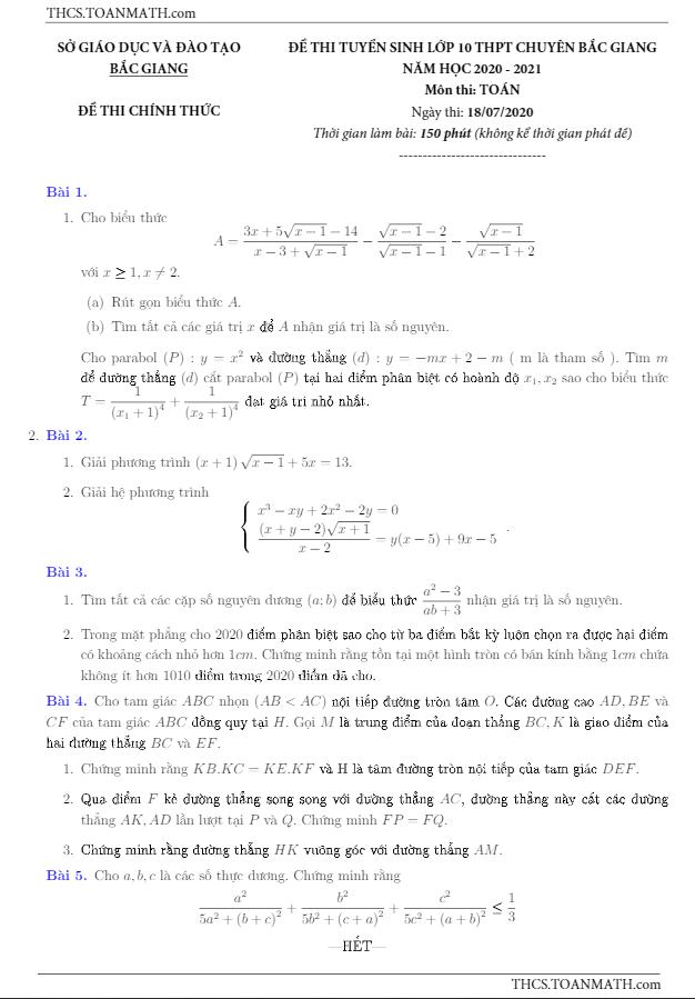 Đề tuyển sinh lớp 10 môn Toán năm 2020 – 2021 trường THPT chuyên Bắc Giang