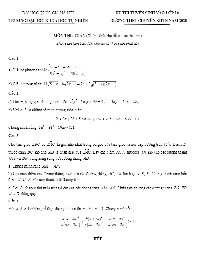 Đề tuyển sinh lớp 10 môn Toán năm 2020 trường THPT chuyên KHTN Hà Nội (Đề chung)