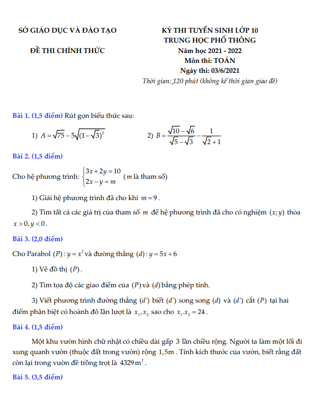 Đề tuyển sinh lớp 10 môn Toán năm 2021 – 2022 sở GD&ĐT Bình Dương