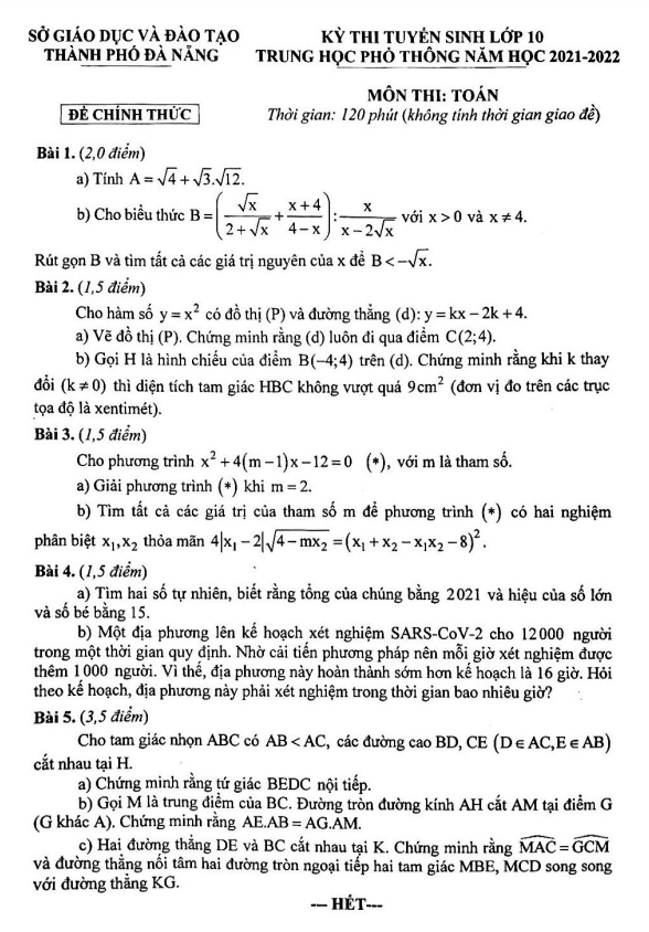 Đề tuyển sinh lớp 10 môn Toán năm 2021 – 2022 sở GD&ĐT Đà Nẵng