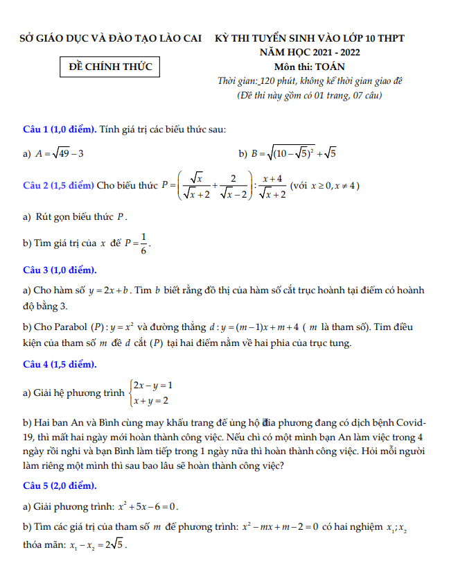 Đề tuyển sinh lớp 10 môn Toán năm 2021 – 2022 sở GD&ĐT Lào Cai