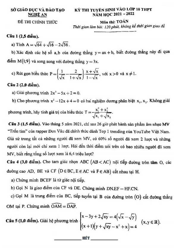 Đề tuyển sinh lớp 10 môn Toán năm 2021 – 2022 sở GD&ĐT Nghệ An