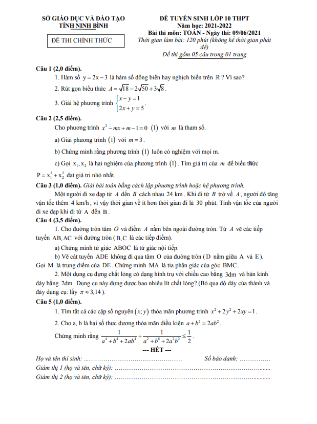 Đề tuyển sinh lớp 10 môn Toán năm 2021 – 2022 sở GD&ĐT Ninh Bình