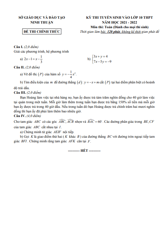 Đề tuyển sinh lớp 10 môn Toán năm 2021 – 2022 sở GD&ĐT Ninh Thuận