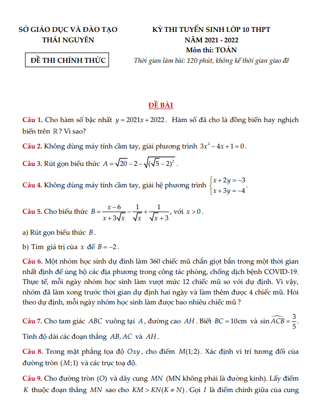 Đề tuyển sinh lớp 10 môn Toán năm 2021 – 2022 sở GD&ĐT Thái Nguyên