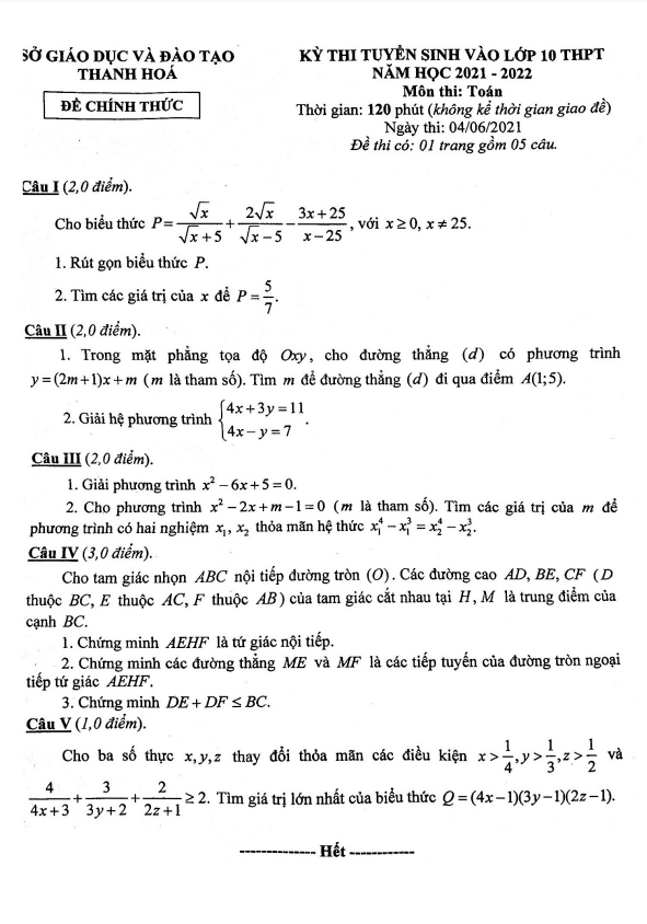Đề tuyển sinh lớp 10 môn Toán năm 2021 – 2022 sở GD&ĐT Thanh Hóa