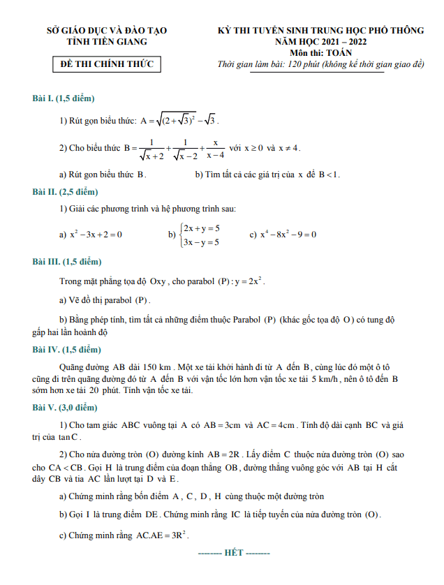 Đề tuyển sinh lớp 10 môn Toán năm 2021 – 2022 sở GD&ĐT Tiền Giang